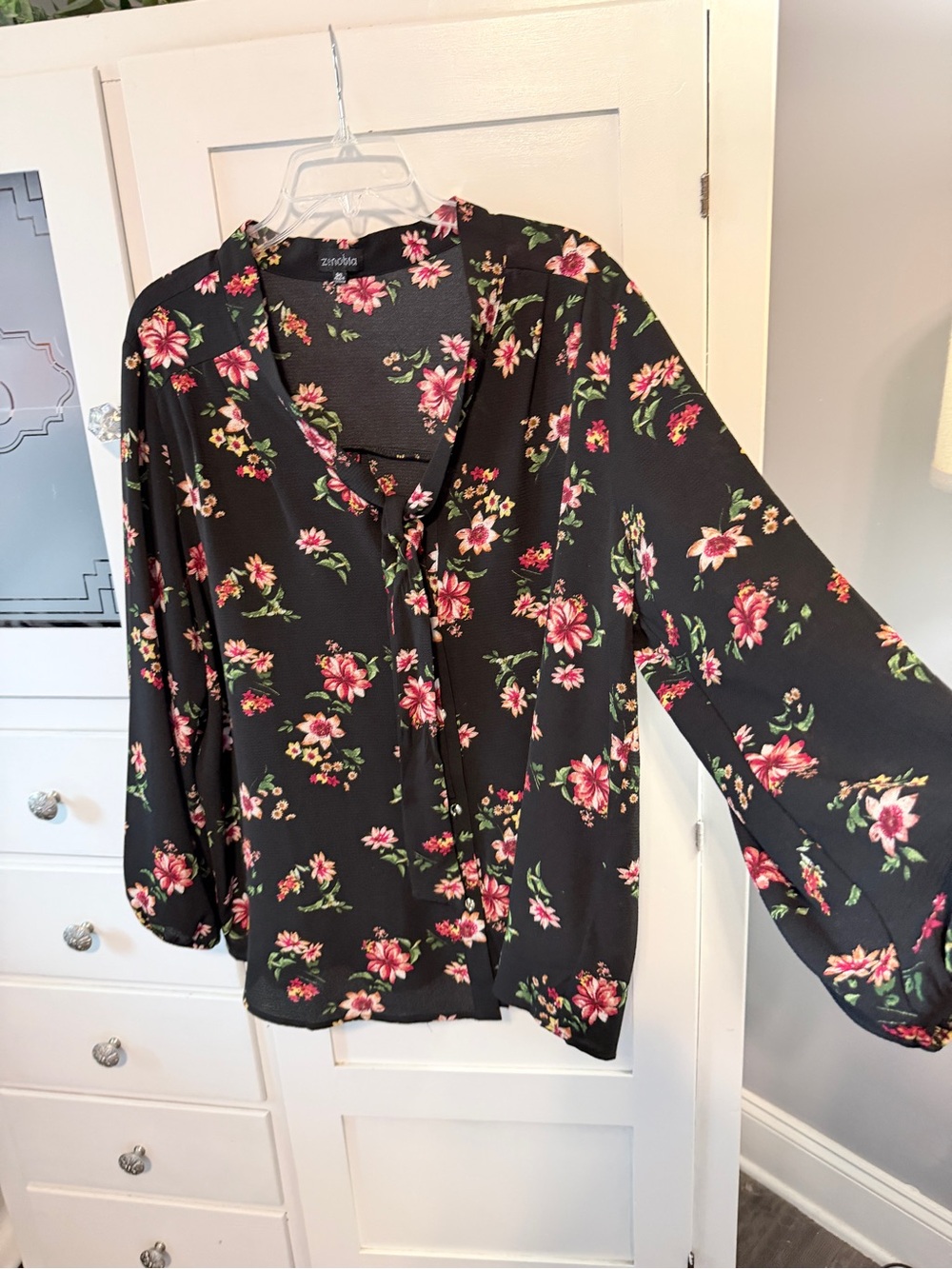 Zenobia Black Floral V-Neck Blouse with Pink and Green Print